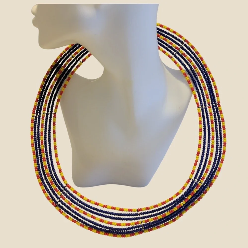 Beaded Collar Necklace Maasai Tribal African Boho Ethnic Statement Blue Red